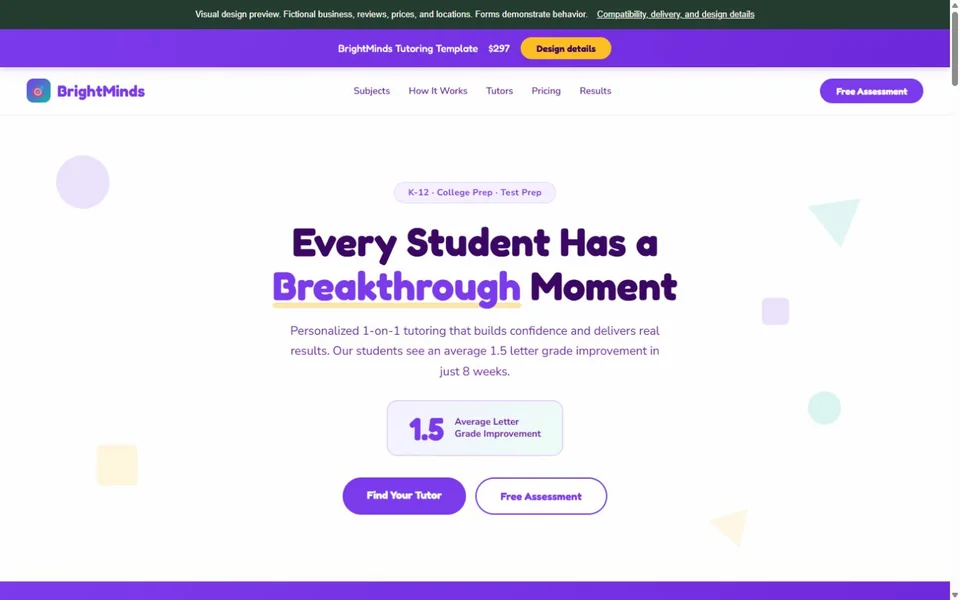Tutoring visual website design with fictional business content