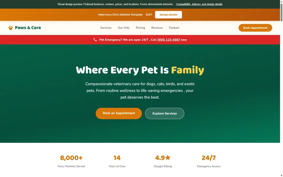 Veterinary Clinic visual website design with fictional business content