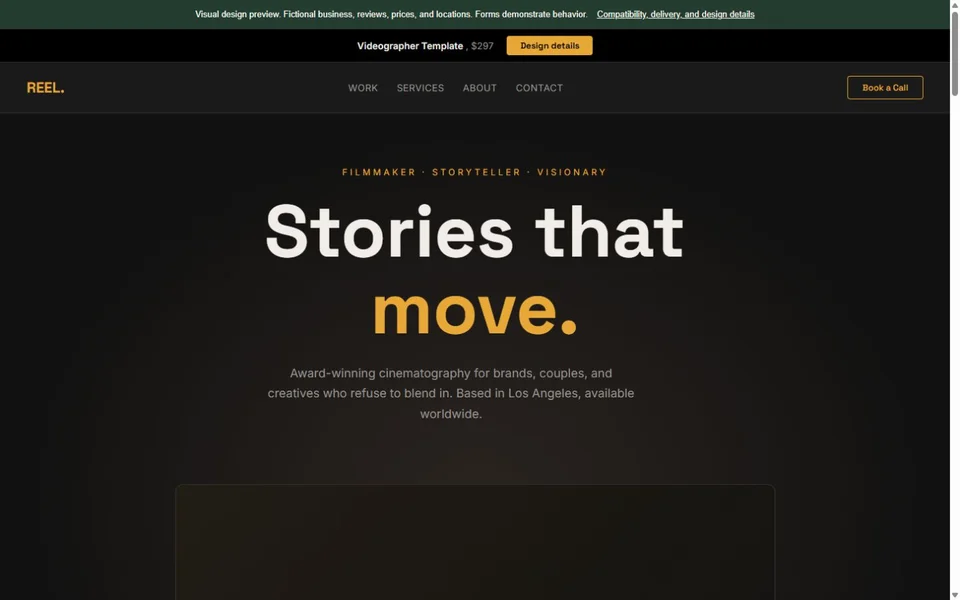 Videographer visual website design with fictional business content
