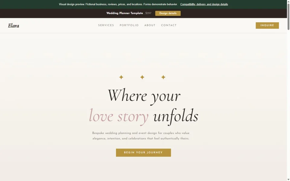 Wedding Planner visual website design with fictional business content